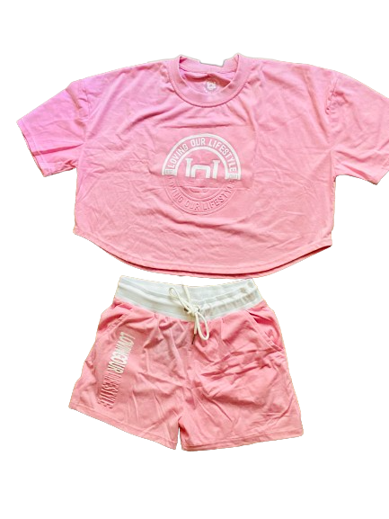 Pink and White Crop Top Short Sets