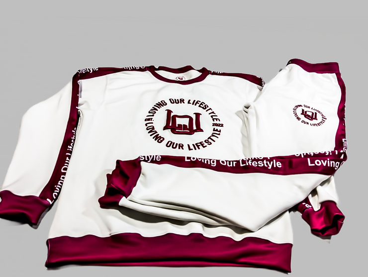 White and Burgundy Sweatsuit Jogger Set