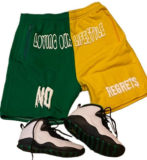 Two-Tone Empowerment Shorts โ Green & Yellow